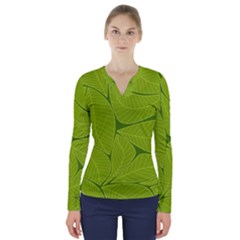 Pattern Leaves Walnut Nature V-neck Long Sleeve Top by Vaneshart