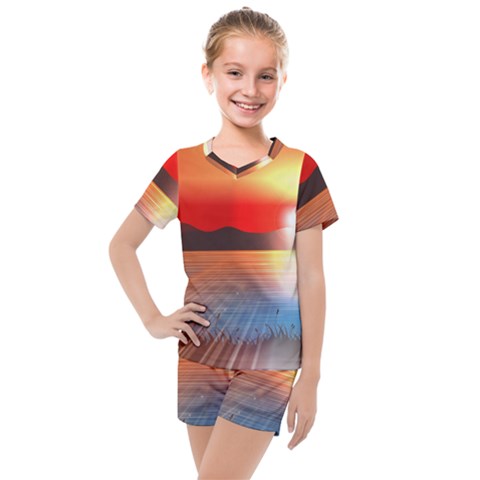 Sunset Water River Sea Sunrays Kids  Mesh Tee And Shorts Set by Mariart