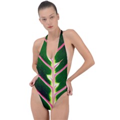 Exotic Green Leaf Backless Halter One Piece Swimsuit by Vaneshart