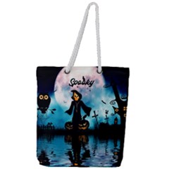 Funny Halloween Design With Skeleton, Pumpkin And Owl Full Print Rope Handle Tote (large) by FantasyWorld7