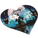 Funny Halloween Design With Skeleton, Pumpkin And Owl Wooden Puzzle Heart View3