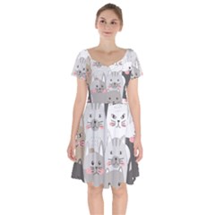 Hand Draw Cats Seamless Pattern Short Sleeve Bardot Dress by Vaneshart