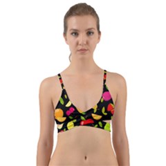 Vector Seamless Summer Fruits Pattern Black Background Wrap Around Bikini Top by Vaneshart