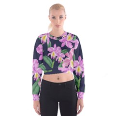 Vector Hand Drawn Orchid Flower Pattern Cropped Sweatshirt by Sobalvarro