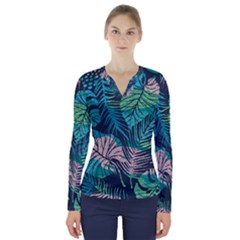 Seamless Abstract Pattern With Tropical Plants V-neck Long Sleeve Top by Vaneshart