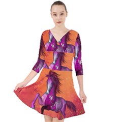 Wonderful Fantasy Horse In A Autumn Landscape Quarter Sleeve Front Wrap Dress by FantasyWorld7