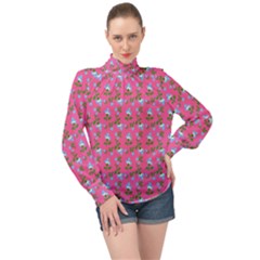 Carnation Pattern Pink High Neck Long Sleeve Chiffon Top by snowwhitegirl