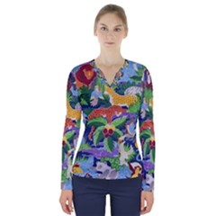 Animated Safari Animals Background V-neck Long Sleeve Top by Vaneshart