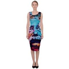 Albert Einstein Retro Wall Graffiti Blue Pink Orange Modern Urban Art Grunge Sleeveless Pencil Dress by snek