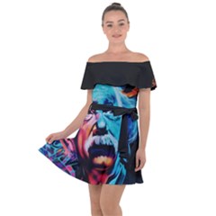 Albert Einstein Retro Wall Graffiti Blue Pink Orange Modern Urban Art Grunge Off Shoulder Velour Dress by snek