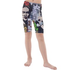 Frida Kahlo Brick Wall Graffiti Urban Art With Grunge Eye And Frog  Kids  Mid Length Swim Shorts by snek