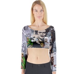 Frida Kahlo Brick Wall Graffiti Urban Art With Grunge Eye And Frog  Long Sleeve Crop Top by snek