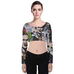 Frida Kahlo Brick Wall Graffiti Urban Art With Grunge Eye And Frog  Velvet Long Sleeve Crop Top by snek