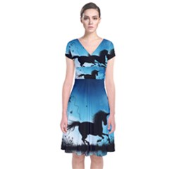 Wonderful Unicorn Silhouette In The Night Short Sleeve Front Wrap Dress by FantasyWorld7