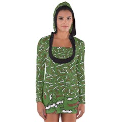 Pepe The Frog Face Pattern Green Kekistan Meme Long Sleeve Hooded T-shirt by snek