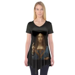 Salvator Mundi Leonardo Davindi 1500 Jesus Christ Savior Of The World Original Paint Most Expensive In The World Short Sleeve Tunic  by snek