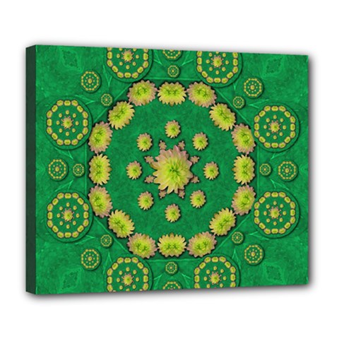 Fauna Bloom Mandalas On Bohemian Green Leaves Deluxe Canvas 24  X 20  (stretched) by pepitasart