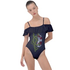 Pepe The Frog Rare Celtic Viking Norse Dragon Pattern Deus Vult Medieval Wojak Crusader Frill Detail One Piece Swimsuit by snek