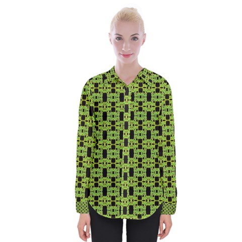 Green Black Abstract Pattern Womens Long Sleeve Shirt by BrightVibesDesign