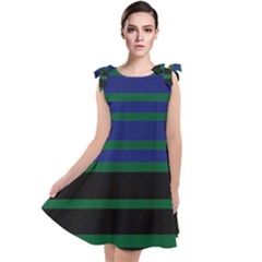 Black Stripes Green Olive Blue Tie Up Tunic Dress by BrightVibesDesign