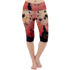 Funny Halloween Design, Cat, Pumpkin And Witch Lightweight Velour Cropped Yoga Leggings by FantasyWorld7