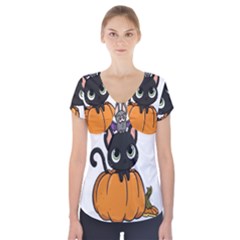 Halloween Cute Cat Short Sleeve Front Detail Top by HermanTelo