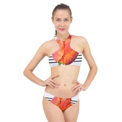 Tulip Watercolor Red And Black Stripes High Neck Bikini Set by picsaspassion