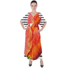 Tulip Watercolor Red And Black Stripes V-neck Boho Style Maxi Dress by picsaspassion