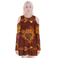 Beautiful Heart With Leaves Velvet Long Sleeve Shoulder Cutout Dress by FantasyWorld7