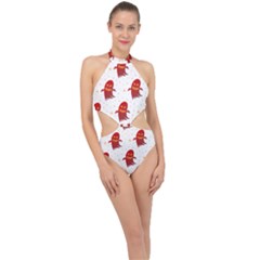 Ghost Halloween Drawing Flower Leaf Halter Side Cut Swimsuit by Vaneshart