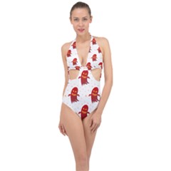 Ghost Halloween Drawing Flower Leaf Halter Front Plunge Swimsuit by Vaneshart