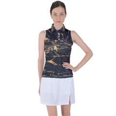 Black Marble Texture With Gold Veins Floor Background Print Luxuous Real Marble Women’s Sleeveless Polo by genx