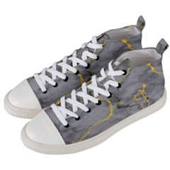 Marble Neon Retro Light Gray With Gold Yellow Veins Texture Floor Background Retro Neon 80s Style Neon Colors Print Luxuous Real Marble Men s Mid-top Canvas Sneakers by genx