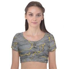 Marble Neon Retro Light Gray With Gold Yellow Veins Texture Floor Background Retro Neon 80s Style Neon Colors Print Luxuous Real Marble Velvet Short Sleeve Crop Top  by genx