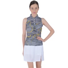 Marble Neon Retro Light Gray With Gold Yellow Veins Texture Floor Background Retro Neon 80s Style Neon Colors Print Luxuous Real Marble Women’s Sleeveless Polo by genx