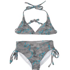 Marble Light Gray With Bright Cyan Blue Veins Texture Floor Background Retro Neon 80s Style Neon Colors Print Luxuous Real Marble Kids  Classic Bikini Set by genx