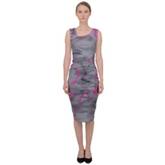 Marble Light Gray With Bright Magenta Pink Veins Texture Floor Background Retro Neon 80s Style Neon Colors Print Luxuous Real Marble Sleeveless Pencil Dress by genx