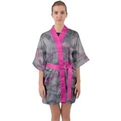 Marble Light Gray With Bright Magenta Pink Veins Texture Floor Background Retro Neon 80s Style Neon Colors Print Luxuous Real Marble Half Sleeve Satin Kimono  by genx