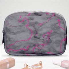 Marble Light Gray With Bright Magenta Pink Veins Texture Floor Background Retro Neon 80s Style Neon Colors Print Luxuous Real Marble Make Up Pouch (small) by genx