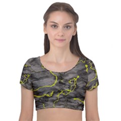 Marble Light Gray With Green Lime Veins Texture Floor Background Retro Neon 80s Style Neon Colors Print Luxuous Real Marble Velvet Short Sleeve Crop Top  by genx