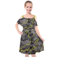 Marble Light Gray With Green Lime Veins Texture Floor Background Retro Neon 80s Style Neon Colors Print Luxuous Real Marble Kids  Cut Out Shoulders Chiffon Dress by genx