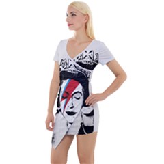 Banksy Graffiti Uk England God Save The Queen Elisabeth With David Bowie Rockband Face Makeup Ziggy Stardust Short Sleeve Asymmetric Mini Dress by snek