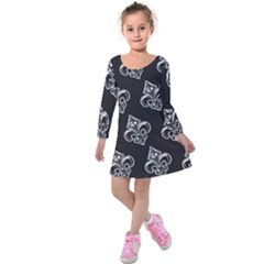 French France Fleur De Lys Metal Pattern Black And White Antique Vintage Black Rocker Kids  Long Sleeve Velvet Dress by Quebec