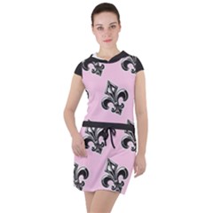 French France Fleur De Lys Metal Pattern Black And White Antique Vintage Pink And Black Rocker Drawstring Hooded Dress by Quebec