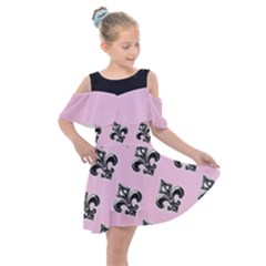 French France Fleur De Lys Metal Pattern Black And White Antique Vintage Pink And Black Rocker Kids  Shoulder Cutout Chiffon Dress by Quebec