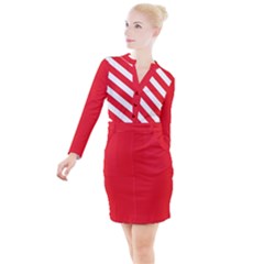 Candy Cane Red White Line Stripes Pattern Peppermint Christmas Delicious Design Button Long Sleeve Dress by genx