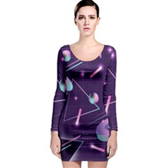 Retrowave Aesthetic Vaporwave Retro Memphis Pattern 80s Design Geometrical Shapes Futurist Pink Blue 3d Long Sleeve Bodycon Dress by genx