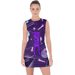 Retrowave Aesthetic Vaporwave Retro Memphis Pattern 80s Design Geometrical Shapes Futurist Pink Blue 3d Lace Up Front Bodycon Dress by genx