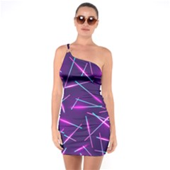 Retrowave Aesthetic Vaporwave Retro Memphis Pattern 80s Design Geometric Shapes Futurist Purple Pink Blue Neon Light One Soulder Bodycon Dress by genx