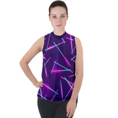 Retrowave Aesthetic Vaporwave Retro Memphis Pattern 80s Design Geometric Shapes Futurist Purple Pink Blue Neon Light Mock Neck Chiffon Sleeveless Top by genx